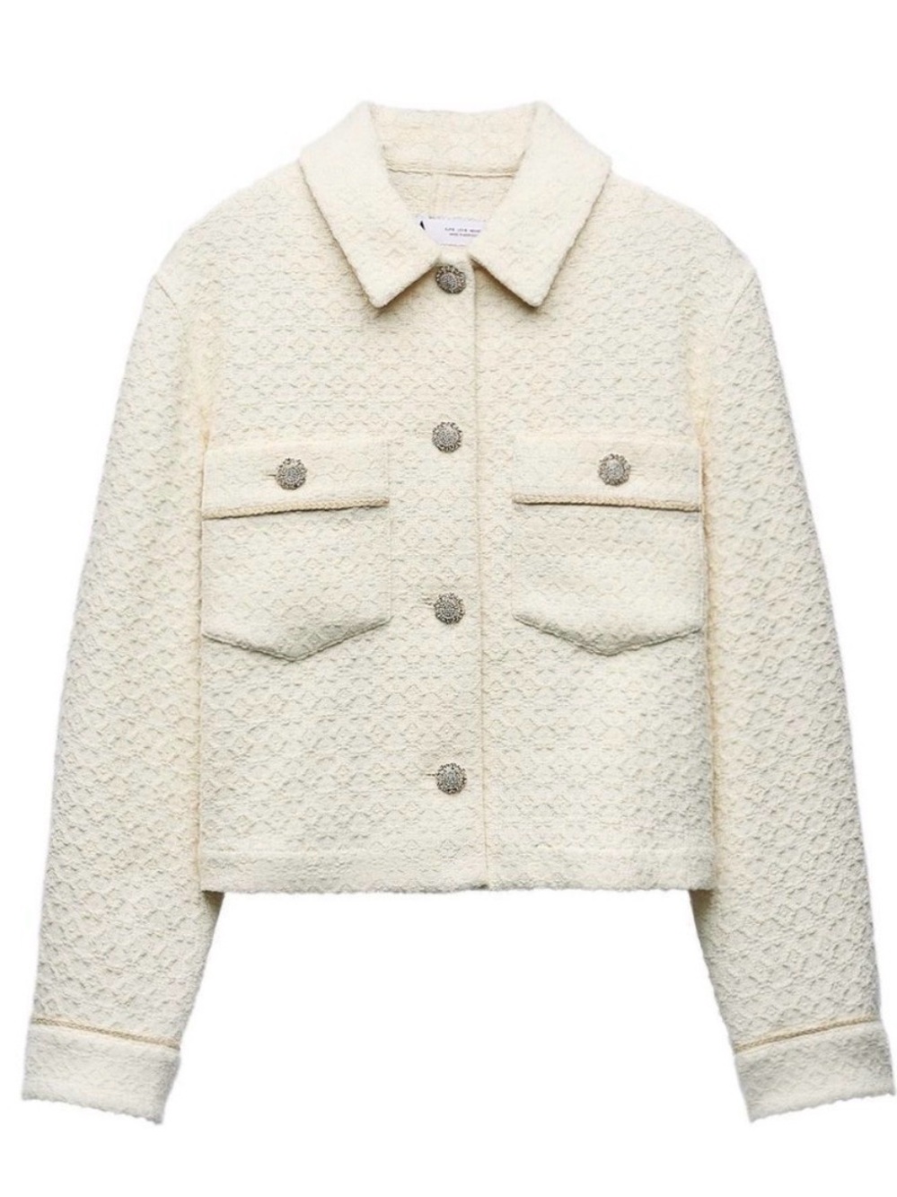 ZARA Cream Bouclé Cropped Button Jacket